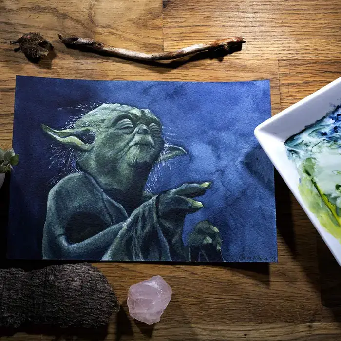 Picture of a watercolor illustration of Yoda (Star Wars) with closed eyes. 